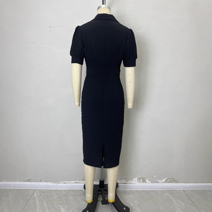 Elegant Solid-color Short-sleeved Belted A-line Dress In A Classic French Style