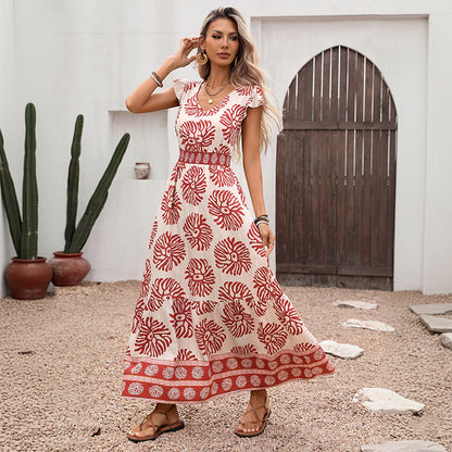 Womens Fit-and-Flare Long V-Neck Printed Dress