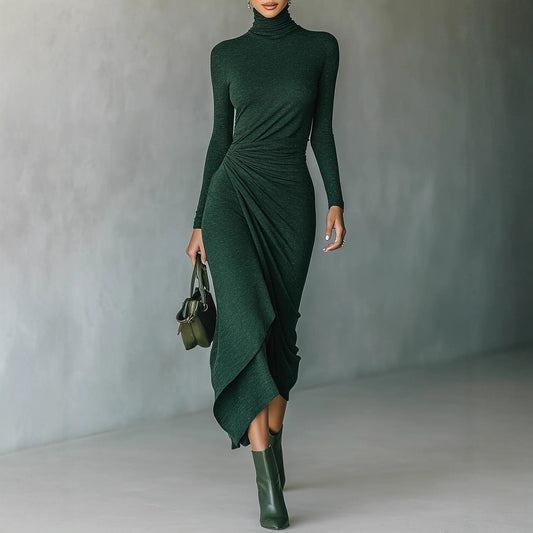 Womens High Neck Defined Waist Asymmetrical Wrap Dress