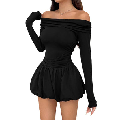 Womens Solid-Color One-Shoulder Long-Sleeve Ruffle Dress