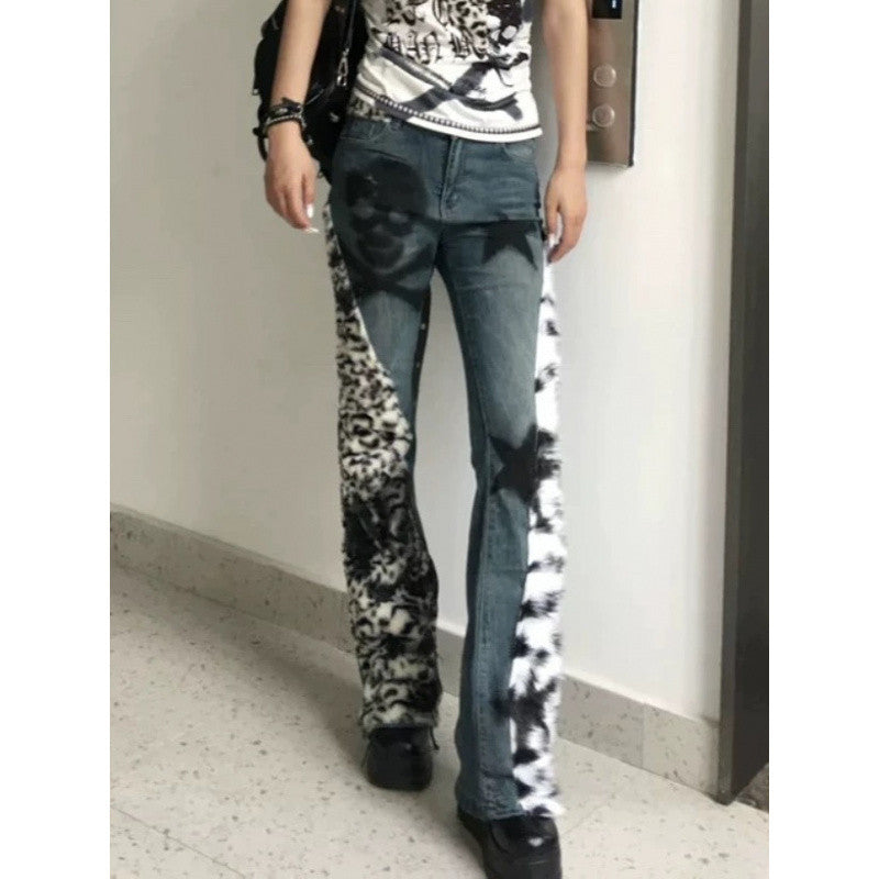 Retro Large Size Washed Skull Leopard Print Skinny Jeans