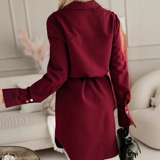 New Stylish And Elegant Solid-color Button-up Shirt Dress With A Turn-down Collar