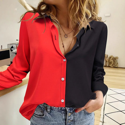 Patchwork Long-Sleeve Lapel Shirt With Single-Breasted Closure