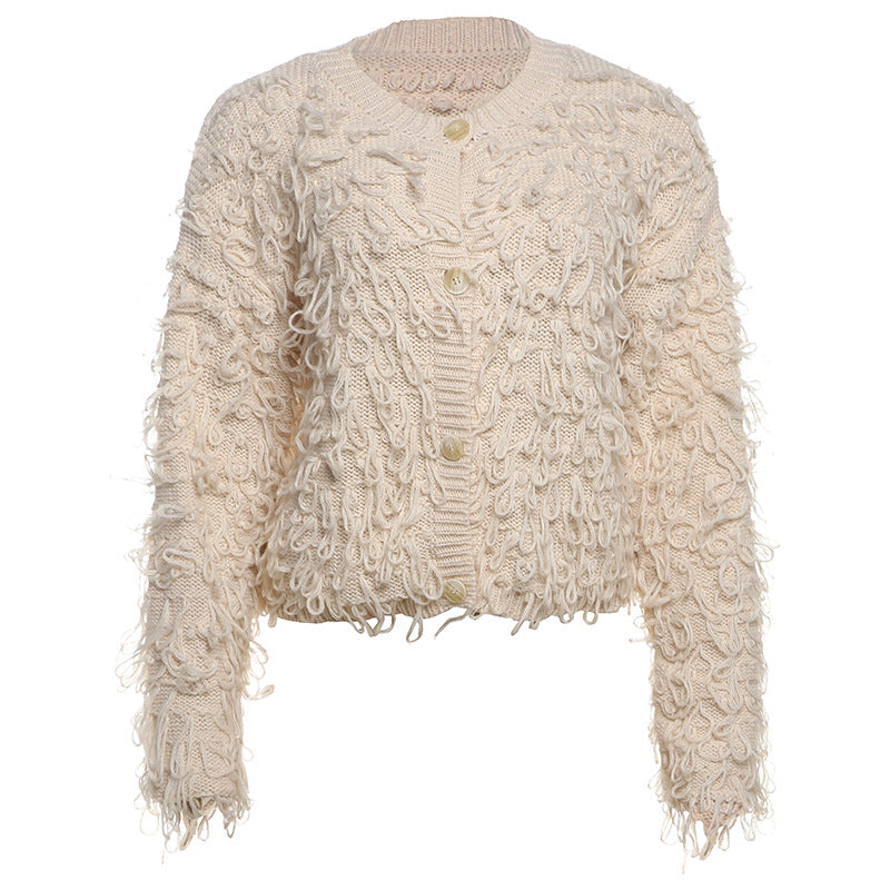 Womens Fashion Knitted Tassel-Trimmed Button-Up Sweater Coat