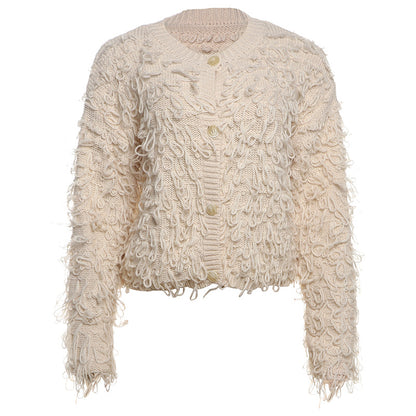 Womens Fashion Knitted Tassel-Trimmed Button-Up Sweater Coat