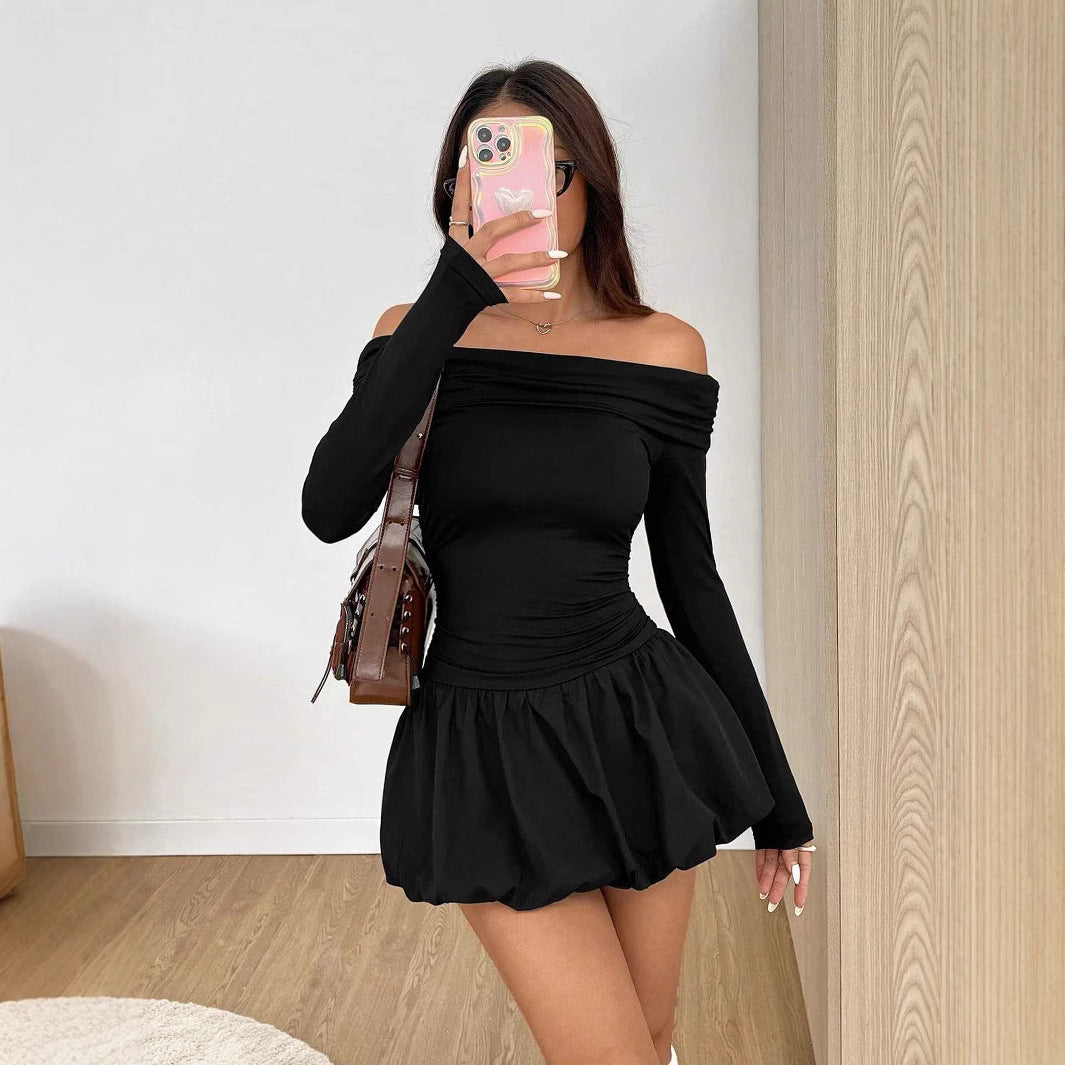 Womens Solid-Color One-Shoulder Long-Sleeve Ruffle Dress