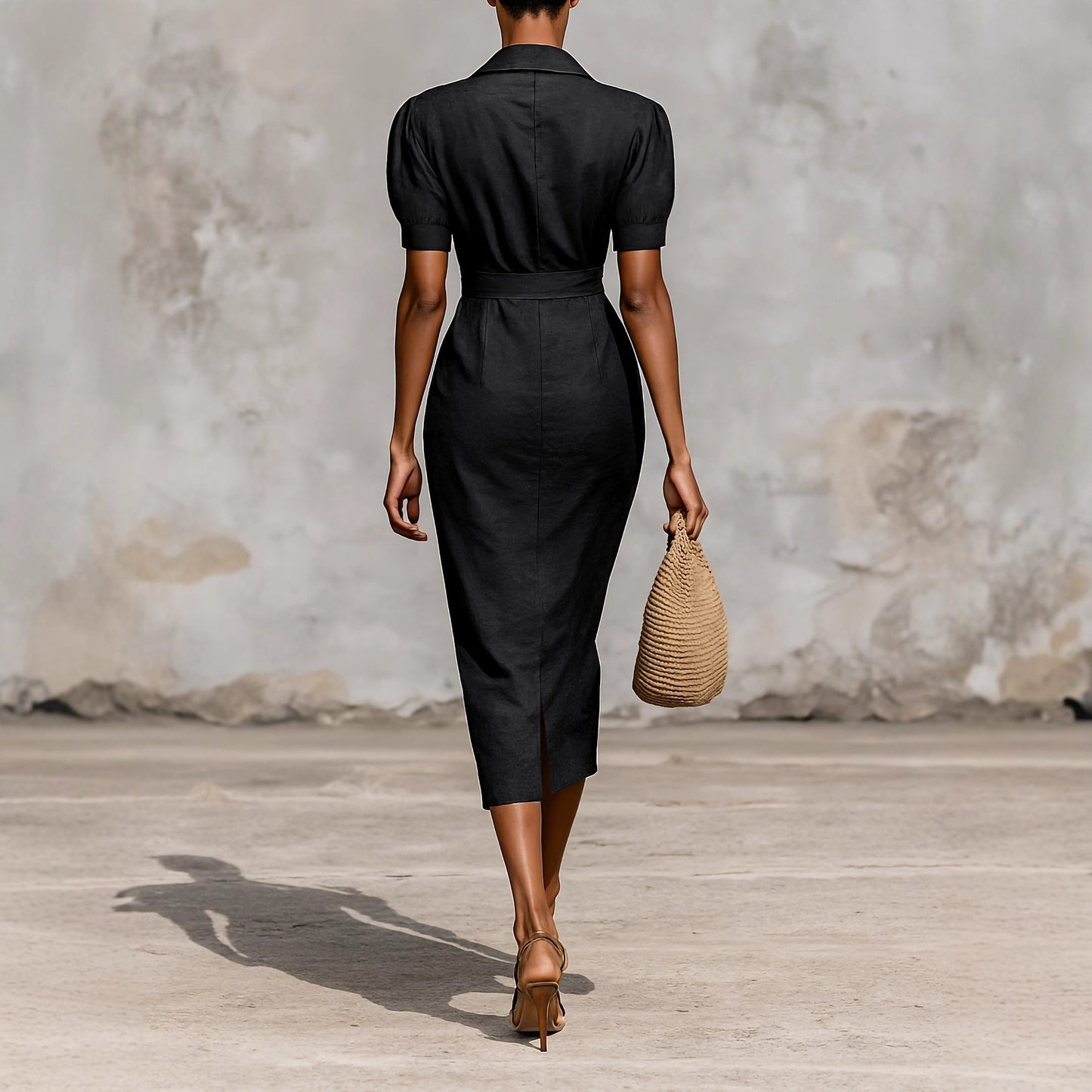 Elegant Solid-color Short-sleeved Belted A-line Dress In A Classic French Style