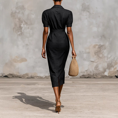 Elegant Solid-color Short-sleeved Belted A-line Dress In A Classic French Style