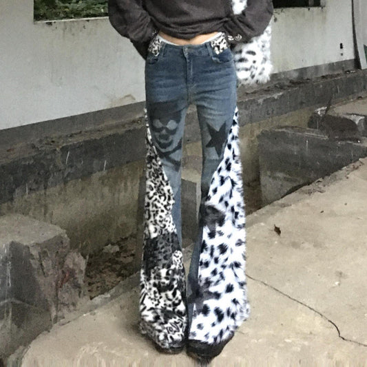 Retro Large Size Washed Skull Leopard Print Skinny Jeans