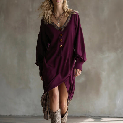 Fashionable Casual V Neck Long Sleeve Dress