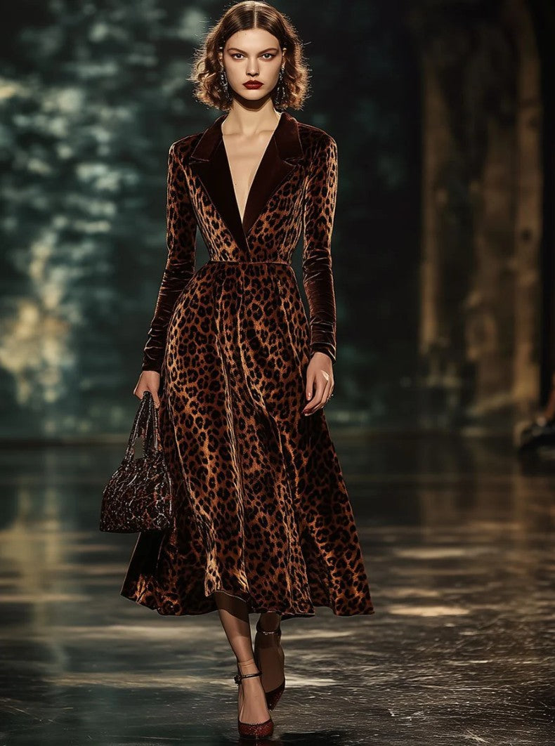 Retro Velvet Leopard-Print Colorblock Lapel Dress