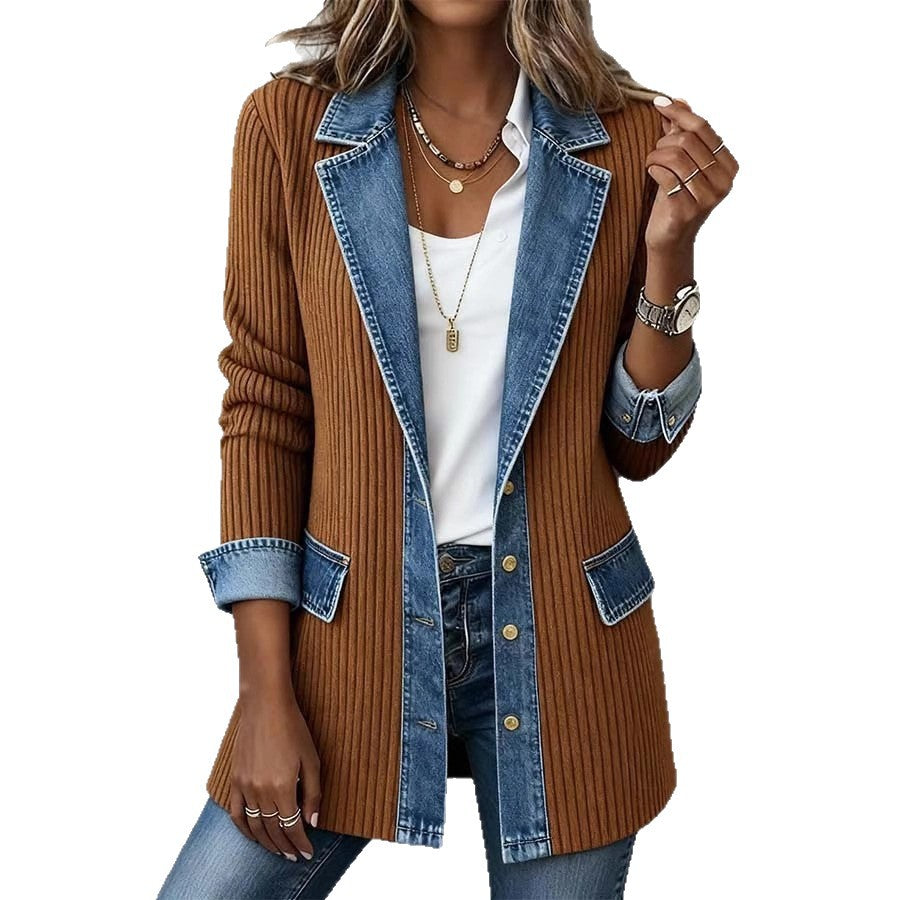 Womens Casual Denim Patchwork Ribbed Lapel Jacket Suit