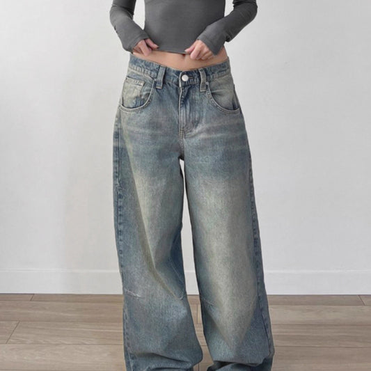 High Street Retro Drape Loose Jeans Women's Washed
