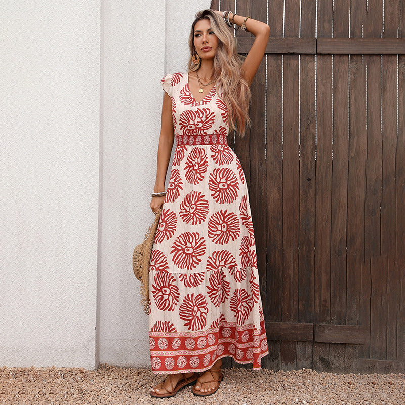 Womens Fit-and-Flare Long V-Neck Printed Dress