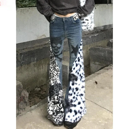 Retro Large Size Washed Skull Leopard Print Skinny Jeans