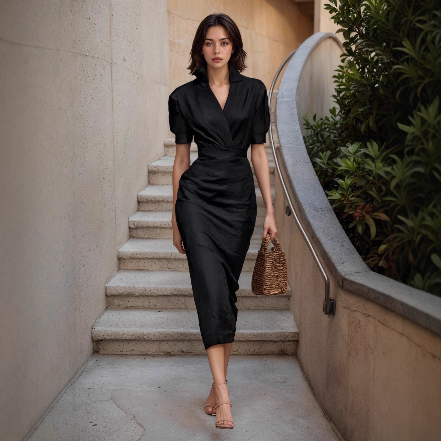 Elegant Solid-color Short-sleeved Belted A-line Dress In A Classic French Style