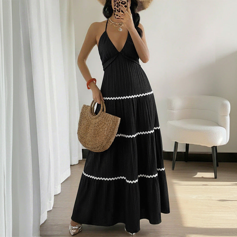 Womens Sleeveless V-Neck Halter Maxi Dress