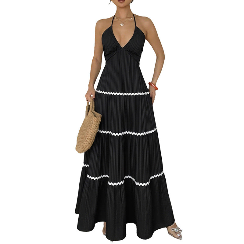 Womens Sleeveless V-Neck Halter Maxi Dress