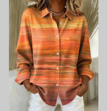 Womens Printed Long-Sleeve Casual Loose Shirt Top