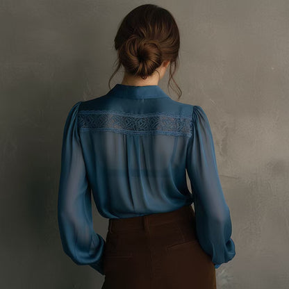 Womens Lace-Patched Ruffle-Neck Puff-Sleeve Shirt