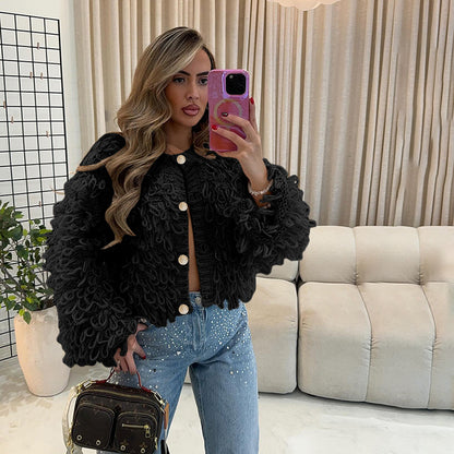 Womens Fashion Knitted Tassel-Trimmed Button-Up Sweater Coat