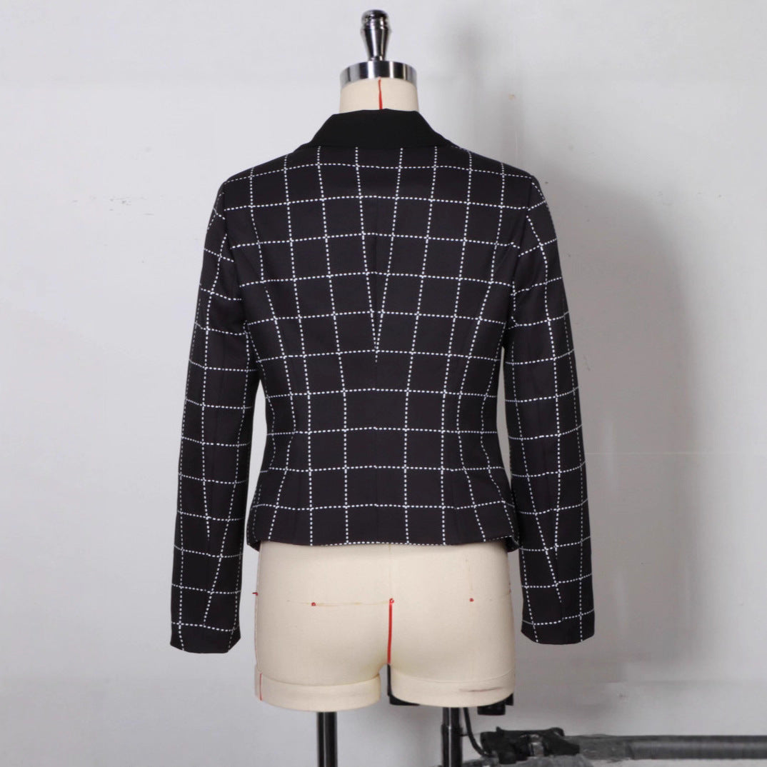 Womens Slim-Fit Casual Long-Sleeve Houndstooth Jacket